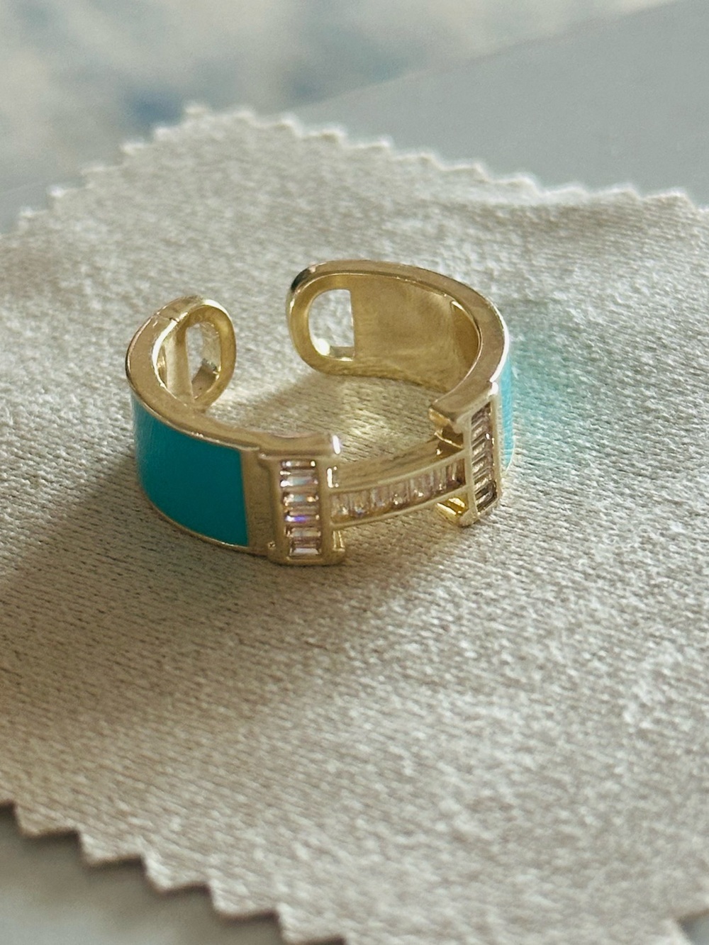 Turquoise Enamel and Baguette Open Band H Ring
